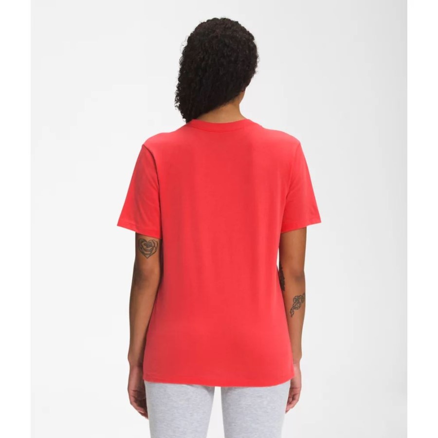 The North Face נשים שרוול קצר חצי כיפה כותנה טי אופק אדום