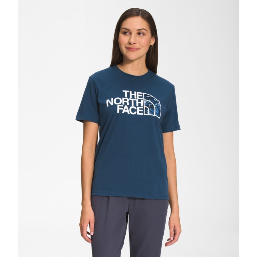 The North Face נשים מודפס שרוולים קצרים חידוש מילוי טי כחול מוצל